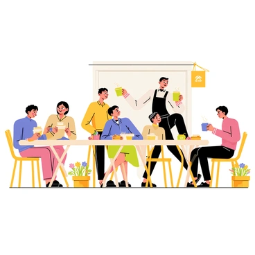 A charming French bistro scene featuring a series of round, wooden outdoor tables with checkered tablecloths. Patrons are seated at the tables, enjoying "croque monsieur" sandwiches and steaming cups of "coffee". A waiter in a black apron is serving food to a couple, while other diners engage in conversation, smiling and laughing. Surrounding the bistro are small potted plants with colorful flowers. In the background, a small sign displaying the bistro's name hangs above the entrance.