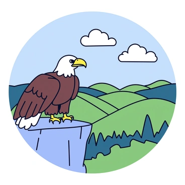 A majestic eagle with a sharp beak and extended wings is perched on the edge of a rocky cliff. The eagle's feathers are a mix of dark brown and white, showcasing its impressive wingspan. Below the cliff, there is a vast valley filled with rolling green hills and scattered trees. The sky above is clear, with a few fluffy white clouds drifting by. The eagle gazes intently into the distance, surveying its surroundings.