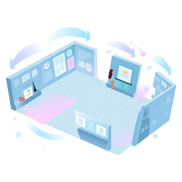 A detailed museum exhibit floor plan is presented, showcasing multiple interconnected rooms. Each room is dedicated to a different theme, with labeled areas for various displays. The first room features a large wall with colorful panels containing information about historical artifacts. Adjacent to it, another room exhibits interactive digital displays, with touchscreens and holographic elements. A spacious central area connects all rooms, decorated with gradient pastel colors, providing an inviting atmosphere. Pathways guide visitors from one exhibit to another, while large directional signs are strategically placed throughout the space.