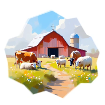 A charming farm scene featuring several animals grazing on lush green grass. There are two cows, one brown and one black, peacefully munching on the grass. A group of sheep with white wool is scattered nearby, some lying down while others are standing. In the background, there is a large rustic barn made of weathered red wood, with a clearly visible pitched roof and a weather vane on top. The sky is clear and blue, adding to the calm atmosphere of the rural setting. A dirt path leads from the barn towards the foreground, where patches of wildflowers bloom.