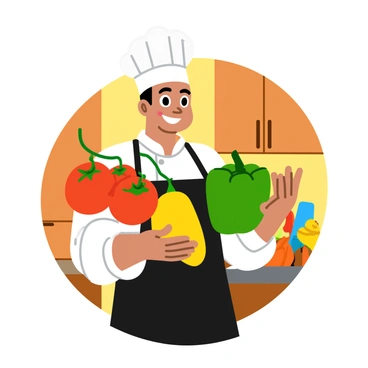 A cheerful chef with a bright smile is showcasing an array of fresh vegetables. The vegetables include vibrant red tomatoes, crisp green bell peppers, and sunny yellow squash, all hanging from a decorative kitchen hook. The chef wears a classic white chef's coat with a black apron and a chef's hat. The kitchen setting is warm, with wooden cabinets in the background and colorful kitchen utensils visible. The overall atmosphere is lively and inviting.