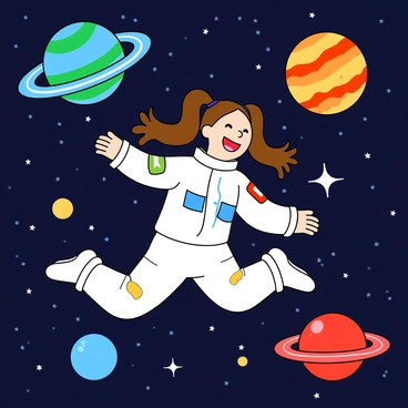 A cartoon girl with light skin and long brown hair styled in pigtails is wearing a shiny white spacesuit with colorful patches. She is floating joyfully among twinkling stars and vibrant planets of various sizes and colors. One planet is bright blue with green swirls, another is red with a ring around it. The girl has a big smile on her face, and her arms and legs are spread wide as if she is swimming through the cosmos. The background features a deep navy blue space filled with sparkling stars that vary in brightness.
