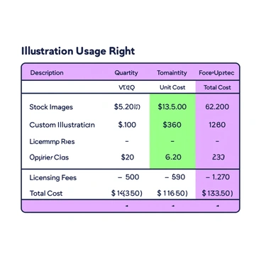 A spreadsheet displaying a visual breakdown of a budget for illustration usage rights. The spreadsheet consists of several rows and columns. In the first column, there are headings labeled "Description," "Quantity," "Unit Cost," and "Total Cost." Each heading is clearly defined. The second column lists various items such as "Stock Images," "Custom Illustrations," and "Licensing Fees." The third column presents numbers representing quantities, while the fourth column shows the corresponding unit costs. Finally, the last column features total costs calculated by multiplying quantity and unit cost for each item. The entire spreadsheet is laid out in an organized and easy-to-read manner, ensuring clarity in displaying the budget details.