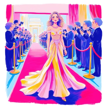 A glamorous celebrity stands confidently on a red carpet, wearing an exquisite evening gown that shimmers in the light. The gown features a fitted bodice with intricate beadwork and a flowing skirt that cascades elegantly to the ground. Her hair is styled in soft waves, framing her face beautifully. She accessorizes with dazzling earrings and a statement bracelet. In the background, there are flashes from cameras and a velvet rope separating the crowd from the event. A large banner hangs overhead, adding to the excitement of the scene.