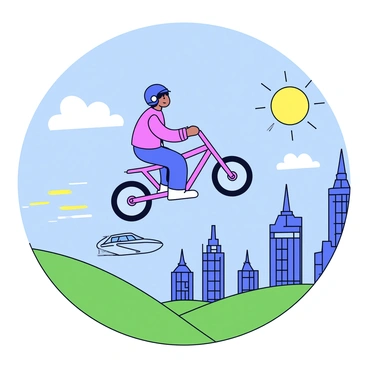 A person with a helmet riding a flying bike. The bike has sleek, aerodynamic lines and glowing blue accents. Below, a scenic futuristic landscape features green rolling hills, dazzling skyscrapers with reflective windows, and flying vehicles traveling between buildings. The sky is a bright blue with fluffy white clouds. The sun casts a warm glow over the entire scene.