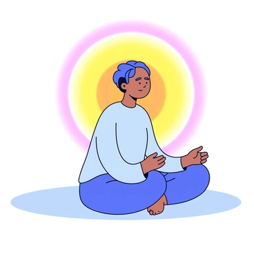 A person sitting in a meditative pose on a smooth surface. The figure is shown in profile with their hands resting on their knees. Around the person, there is a glowing aura that radiates outward, symbolizing internal energy. The aura features a soft gradient of colors, moving from bright yellow at the center to a gentle orange and pink at the edges. The person's features are calm and serene, and their clothing is simple and flowing.