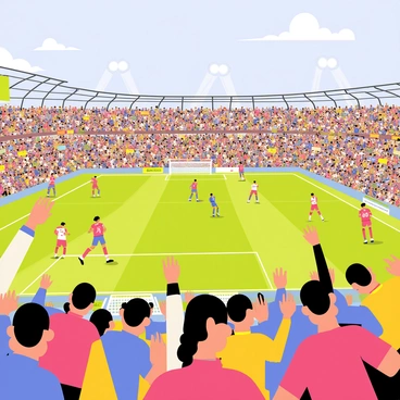 A panoramic view of a large football stadium filled with enthusiastic fans. The stands are crowded with people wearing colorful jerseys, waving flags, and holding banners. In the foreground, players in vibrant team uniforms are captured in action on the green pitch. The atmosphere is electric, with spectators cheering and clapping, while some hold their arms raised in excitement. Bright stadium lights illuminate the scene, highlighting the intensity of the match. In the background, a large scoreboard displays the current score.