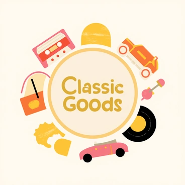 A collection of vintage style brand elements arranged together. The elements include a circular logo with the words "Classic Goods" in bold font at the center. Surrounding the logo are various icons such as a retro cassette tape, a classic car silhouette, and a vinyl record. The color palette features warm oranges, deep browns, and mustard yellows, creating a nostalgic feel. Each element has a textured finish to enhance the vintage look. The background is a soft cream color to complement the 70s color theme.