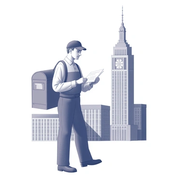 A postman wearing a uniform is standing in front of a famous city landmark. The postman is holding a mailbag slung over one shoulder and sorting through letters. In the background, the landmark towers prominently, showcasing its distinct architectural features. The scene captures the daily routine of delivering mail, with the postman focused on his task amidst the bustling city environment. The sky is clear, highlighting the details of both the postman and the landmark.