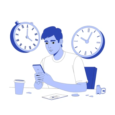 A person is sitting at a table, staring intently at their smartphone. Their expression reveals concentration, with furrowed brows and pursed lips. In the background, a large round clock is mounted on the wall, its hands markedly moving toward midnight, giving the impression of time slipping away. The clock has Roman numerals and a decorative design on its face. The table is cluttered with a few scattered papers and a coffee cup, emphasizing the person’s absorbed state. The light from the phone screen casts a soft glow on their face.