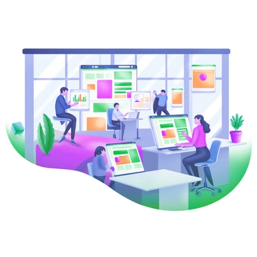 A modern pastel illustration of an open-plan office filled with creative professionals engaged in various activities. There are individuals working at sleek desks, collaborating in small groups, and brainstorming ideas. Digital screens are visible throughout the space, displaying colorful graphs, designs, and project updates. Large windows allow natural light to flood in, illuminating the workspace. Potted plants are strategically placed around the office, adding a touch of greenery. Modern furniture, including ergonomic chairs and minimalist tables, completes the vibrant atmosphere.