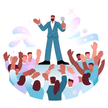 A charismatic leader stands on a raised platform, gesturing with one hand while holding a microphone in the other. The leader wears a tailored suit and exudes confidence as they address the enthusiastic audience. A diverse crowd surrounds the platform, with people of various ages and backgrounds raising their arms in support. Colorful banners and signs with slogans are visible throughout the crowd. A vibrant atmosphere fills the scene, with many individuals wearing pins or clothing that display their political affiliation. The energy of the moment is palpable, creating a sense of unity among the supporters.
