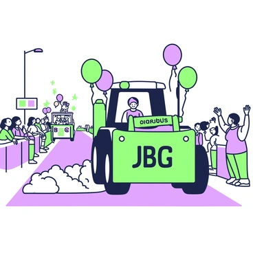 A decorated JCB is featured prominently in a local parade. The JCB is adorned with colorful balloons, which are tied to various parts of the vehicle, floating in the air. Bright banners are draped across the front of the JCB, displaying enthusiastic messages. Spectators line the streets, some waving and smiling at the cheerful display. In the background, other parade floats and participants can be seen, contributing to the festive atmosphere.