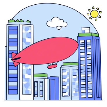 An airship with a sleek, elongated shape is navigating between tall glass and steel buildings in a modern metropolitan city. The airship has a bright red envelope and a large, round gondola suspended beneath it. Sunlight reflects off the shiny surfaces of the skyscrapers, creating a vibrant urban atmosphere. The buildings have a variety of architectural designs, with some featuring large windows and others showcasing green terraces. A clear blue sky is visible above, with a few fluffy white clouds drifting by.