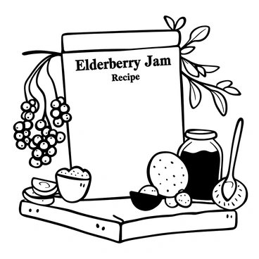 An old-fashioned recipe card displayed prominently on a wooden kitchen table. The card features the words "Elderberry Jam Recipe" in elegant lettering at the top. Surrounding the card are detailed illustrations of lush elderberries hanging from a branch, along with other ingredients such as sugar, lemon slices, and a jar. There is a vintage spoon placed next to the card, and in the background, a faded texture suggests a rustic kitchen atmosphere.