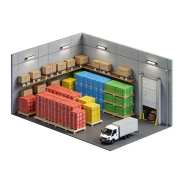 A large warehouse with high ceilings and wide aisles filled with colorful pallets of various products. The pallets are stacked neatly in rows, showcasing vibrant colors such as red, blue, green, and yellow. Each pallet is labeled with clear, bold text indicating the contents. The lighting is bright and uniform, illuminating the warehouse interior. In the background, there are shelves reaching towards the ceiling, also filled with boxes and products. A loading dock is visible, with a truck parked outside ready for loading.