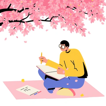 A slowboy with a round face and oversized glasses is sitting on a blanket beneath a cherry blossom tree in full bloom. The tree is adorned with clusters of pink flowers that create a vibrant canopy overhead. The slowboy is focused on sketching in a large notebook that rests on his lap. He holds a pencil in hand, with a few scattered colored pencils placed next to him. Soft petals from the cherry blossoms drift gently down around him, creating a whimsical atmosphere. The sunlight filters through the blossoms, casting delicate shadows on the blanket.