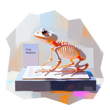 An illustration of a frog's skeleton presented as a museum exhibit. The skeleton is positioned on a sleek black pedestal, showcasing its intricate bone structure in detail. The bones are mostly white with slight translucence, giving a realistic appearance. Behind the skeleton, there is an informative label with the text "Frog Skeleton" displayed in clear, legible font. The background features a soft gradient, enhancing the focus on the skeleton while providing a subtle museum ambiance. The lighting is soft and directed to highlight the contours and details of the skeletal structure.