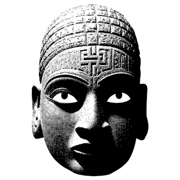 An ornate cultural mask is positioned upright, showcasing intricate patterns and textures all over its surface. The mask features an array of detailed engravings that highlight its craftsmanship. Various shapes and symbols are etched onto the mask, creating a visually complex design. The overall structure of the mask is robust, with pronounced features that add to its cultural significance. It is set against a simple backdrop, allowing all the details of the engraving to stand out prominently.