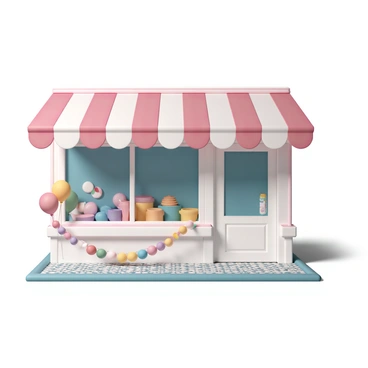 A candy shop with a bright, striped awning in red and white. The facade of the shop is adorned with large glass windows displaying an assortment of colorful candies and sweets. Outside, there are vibrant balloons in various colors tied to a railing. The ground is lined with a cheerful cobblestone path leading up to the entrance. The shop's door is open, inviting customers inside to explore the delightful treats.