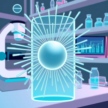 A detailed illustration of a nanoparticle suspended in a glass vial. The nanoparticle is distinctly visible at the center, exhibiting a spherical metallic structure with a reflective surface. Surrounding the nanoparticle is a intricate electric field represented by bright, pulsing lines radiating outward in all directions, showcasing the field's intensity. Scientific instruments, such as an electron microscope and a computer screen displaying data graphs, are positioned in the background, indicating an advanced research environment. The laboratory is well-lit, with shelves filled with various glassware and tools, emphasizing the scientific theme.