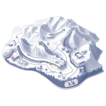 A detailed map of a large ski resort. The map is filled with various trails marked in clear patterns and lines, indicating different difficulty levels. Important landmarks such as ski lifts, lodges, and rest areas are prominently labeled. The layout includes various sizes and shapes for the trails, weaving through mountainous terrain. Symbols representing facilities like rental shops and restaurants are also included, giving a comprehensive overview of the resort's offerings.