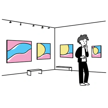 Ayanokoji is standing in a minimalist art gallery, observing various paintings that hang on the white walls. He has short black hair and is dressed in a simple black jacket over a white shirt, with dark trousers. His expression is thoughtful as he examines a large abstract painting featuring bold colors of red, blue, and yellow. Soft lighting illuminates the space, highlighting the details of the paintings. There are a few empty benches scattered around for visitors to sit and contemplate the art.