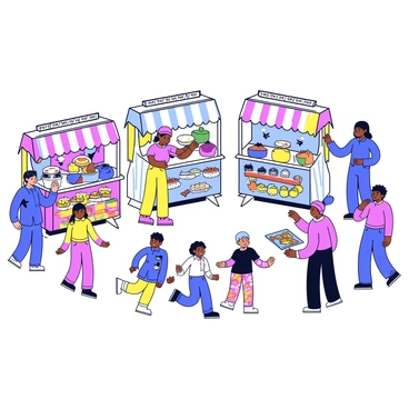 A vibrant festival scene featuring various food stalls showcasing dishes from different cultures. Each stall is adorned with colorful banners that represent different countries. In the foreground, a group of people is dancing in traditional clothing, showcasing a variety of dance styles. Nearby, an artist is painting a large mural that incorporates symbols and motifs from diverse cultures. People are gathered around, enjoying the festivities and engaging in lively conversations.