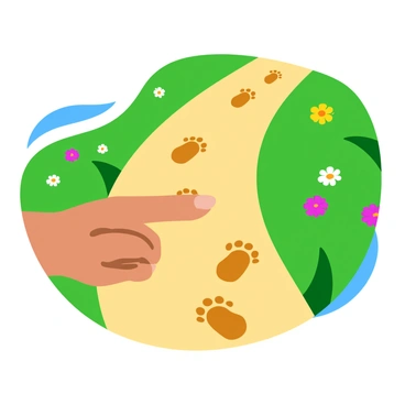 A series of small animal footprints in the soft earth, forming a winding trail. The footprints are distinct, showing details of tiny claws and pads. The trail leads directly to an outstretched finger, which is positioned prominently in the foreground. The finger belongs to a hand that is gently pointing towards the footprints. The background features lush green grass and scattered wildflowers, adding color and vibrancy to the scene.