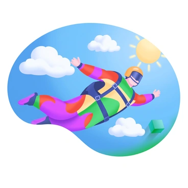 A skydiver in a colorful jumpsuit free-falling through a bright blue sky.