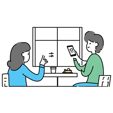 A coffee shop interior with light wooden furniture and a large window letting in natural light. Two people are seated at a small round table. One person, wearing a blue jacket, is pointing to their smartphone, displaying a "refer-a-friend" app. The other person, dressed in a green sweater, is leaning in, looking at the phone with interest. On the table, there are two cups of coffee and a small plate with a pastry.