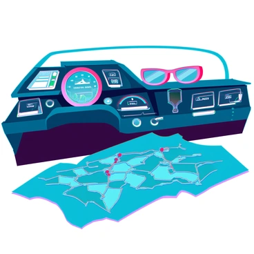 A futuristic car dashboard featuring sleek, digital displays and illuminated controls. The dashboard is adorned with various high-tech gauges, displaying speed, fuel level, and navigation data. Resting on the dashboard are a pair of stylish sunglasses with reflective lenses. In the foreground, a holographic road trip map is projected, showcasing a vibrant route highlighted in bright colors, with various points of interest marked along the way. The overall scene conveys a sense of adventure and modern technology.