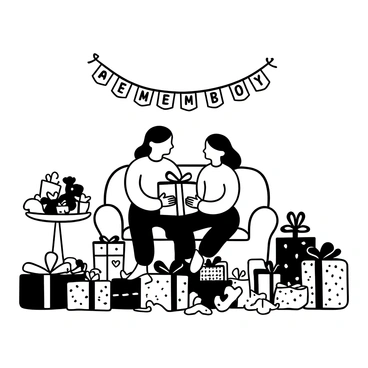 A pair of parents-to-be seated together on a couch surrounded by a pile of wrapped gifts. They are unwrapping a colorful gift adorned with ribbons and bows, with wrapping paper strewn around them. A table nearby is filled with additional gifts, some partially opened. "Welcome Baby" and "It's a Boy" banners hang in the background. Various baby items such as onesies, toys, and blankets are visible among the gifts, adding to the festive atmosphere.