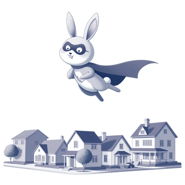 A cartoon rabbit dressed as a superhero is soaring through the sky. The rabbit is wearing a mask and a flowing cape, emphasizing its heroic stance. Below, a small town is visible with various houses, each featuring distinct architectural styles, such as pitched roofs and porches. The streets are lined with trees, and there are a few parked cars adding to the town's charm. The sky above is clear, accentuating the rabbit's flight path as it confidently glides above the rooftops.