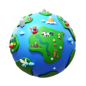 A globe showing a detailed map with various whimsical creatures scattered across its surface. These creatures include a tiny dragon with colorful scales, a unicorn with a shimmering mane, and a playful fairy with delicate wings. The landscapes feature rolling hills, enchanted forests, and sparkling rivers. Some regions are adorned with towering mountains and vibrant flowers, while others have fantastical castles and floating islands. The overall composition creates a captivating scene filled with imagination and wonder.