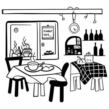 A charming French bistro with "checkered tablecloths" spread across each table. "Delicious dishes" are artfully arranged on the tables, including a steaming bowl of "French onion soup" and "crusty baguettes" placed beside them. A "vintage wall clock" hangs in the background, and "wine bottles" can be seen on a shelf next to a "menu board" featuring daily specials. Soft "hanging lights" illuminate the cozy setting, creating an inviting atmosphere.