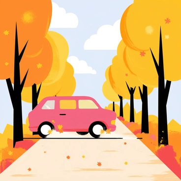 A car driving down a leaf-strewn country lane during the autumn season