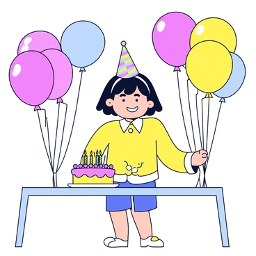 Ichinose is standing at a table decorated for a birthday party. She is smiling and wearing a party hat. Surrounding her are colorful balloons in various shapes and sizes, floating in the air. On the table in front of her is a delicious cake with vibrant icing and candles on top. The scene is cheerful and festive, capturing the joyful atmosphere of the celebration.