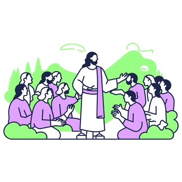 A group of twelve disciples is gathered around Jesus, who is standing in the center. The disciples are positioned in a semi-circle, facing Jesus with expressions of focus and attentiveness. Each disciple has distinct features, wearing traditional robes. Jesus has long hair and a beard, wearing a simple robe with a belt. His hands are raised slightly as he speaks, conveying authority and wisdom. The setting shows a natural landscape in the background, with rolling hills and trees, creating a serene atmosphere for their gathering.