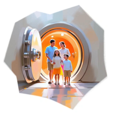 A large, imposing vault door with a metallic surface and intricate locking mechanisms. The door is slightly ajar, revealing a dimly lit interior beyond. A family of four is entering through the doorway, each member wearing bright and cheerful expressions. The father has short dark hair and is wearing a casual blue shirt. The mother has long brown hair tied back and is dressed in a light sweater. A young girl with curly hair holds her mother's hand, while a teenage boy with glasses stands beside them. They are all looking at each other with smiles, conveying a sense of excitement and adventure as they step into the vault.