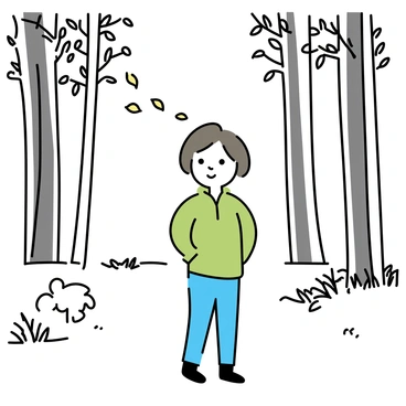 A person with short brown hair, wearing a green jacket and blue jeans, stands in a quiet forest filled with tall, dense trees. Sunlight filters through the leaves, creating dappled patterns on the forest floor. The person is looking to the side, wide-eyed and alert, as a few leaves tumble down from a nearby branch, indicating the source of the sudden rustling. In the background, there are patches of ferns and bushes, adding to the forest's lush surroundings.