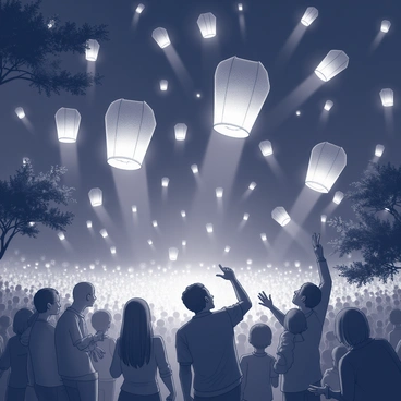 Hundreds of lanterns are illuminated and gently floating in a dark night sky. The lanterns vary in shapes and sizes, casting soft light as they ascend. Below, a large crowd gathers, some individuals are gazing upward with expressions of awe, while others are holding and releasing their own lanterns. The atmosphere is filled with anticipation and reverence, capturing the essence of a religious festival. Silhouetted trees are visible in the foreground, with their branches slightly swaying in the night breeze, adding depth to the scene.