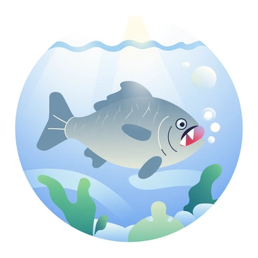 A single piranha with shiny, silver scales is swimming underwater. The piranha has sharp teeth visible as it opens its mouth slightly while blowing bubbles. Surrounding the fish are soft, flowing waves of water, creating a playful environment. The bubbles rise gracefully toward the surface, creating a sense of movement. Sunlight filters through the water, casting gentle rays and illuminating the scene. Aquatic plants with green leaves sway softly in the current, adding to the vibrant underwater habitat.
