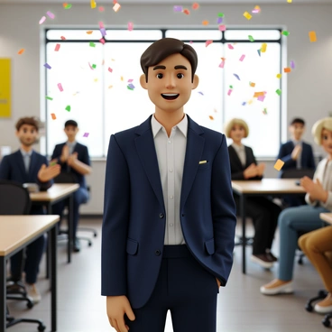 A person with light skin and short brown hair is standing in a well-lit office environment. They are wearing a navy blue suit and a white shirt, with a broad smile on their face. Around them, colorful confetti is falling from above, creating a festive atmosphere. In the background, several coworkers are clapping their hands, showing signs of celebration and support for the achievement. The walls are decorated with motivational posters, and there is a large window that lets in natural light.