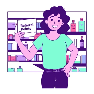 A customer is standing in a store, holding a white loyalty card prominently in their right hand. The card has “Referral Points” highlighted in bold text on the surface. The customer is smiling, and their left hand rests on their hip, displaying a confident posture. In the background, colorful shelves filled with various products are visible, adding depth to the scene. The lighting emphasizes the card, making it the focal point of the image.