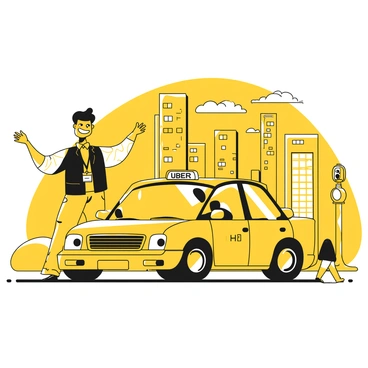 An enthusiastic Uber driver standing next to their car with a city skyline in the background