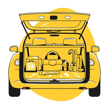 A car trunk is open, revealing an organized emergency kit neatly arranged inside. The emergency kit includes a first aid box, a flashlight, a reflective vest, and various tools such as a wrench and a screwdriver, all placed in their designated spots. There is also a set of jumper cables coiled neatly in one corner and a tire inflator positioned alongside the kit. The interior of the trunk is clean and spacious, with a rubber mat lining the bottom.
