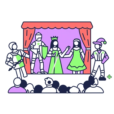 A puppet theater is set in a cozy room, showcasing a vibrant stage. The theater has wooden red curtains that are partially drawn back. On the stage, various marionettes are performing a lively scene. Each marionette is intricately designed, featuring bright costumes and expressive faces. One marionette, a knight, holds a sword and shields, while another marionette, a princess, wears a sparkling gown and has long flowing hair. There is also a whimsical jester with a hat adorned with bells. These marionettes appear to dance and interact with each other, giving the illusion of movement as they perform a captivating story. The audience can be seen in the foreground, captivated by the performance.