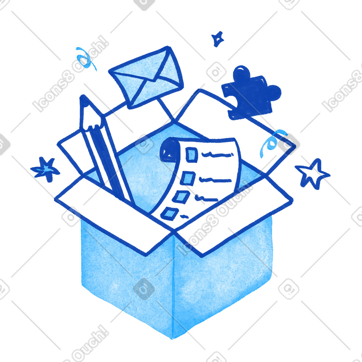 Illustration Box with pencil checklist envelope and puzzle piece for organization dans le style Tint à télécharger aux formats PNG, SVG