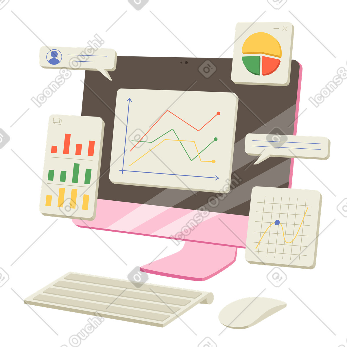Datenanalyse mit verschiedenen diagrammen auf dem pc animierte Grafik in GIF, Lottie (JSON), AE